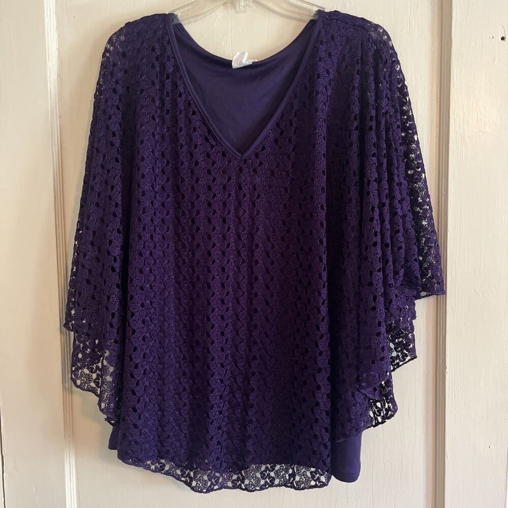 Brittany Black Blouse Women’s 2X Purple Lace Built In Tank Top Lining Flowy